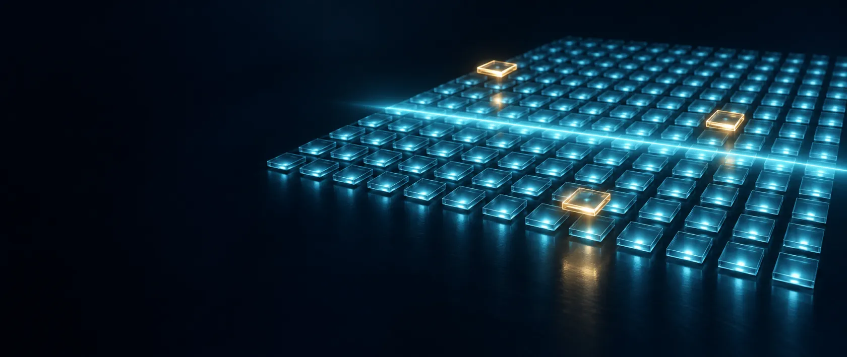 A grid of small cyan glass tiles, each lit as checked, with three tiles lifted and outlined in gold.