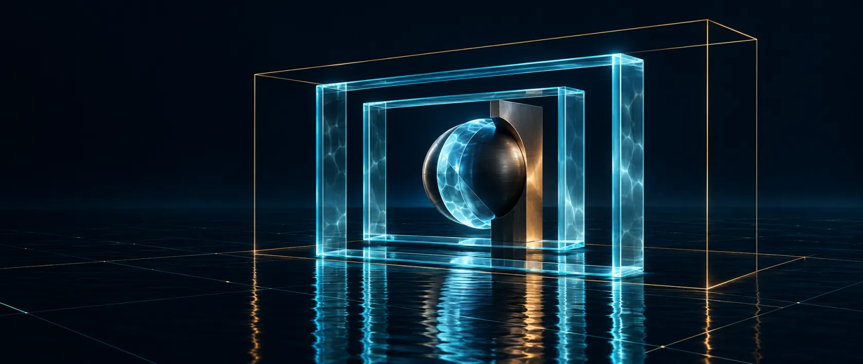 Nested ice-cyan glass frames sit inside a wider, offset gold boundary, illustrating the difference between a formal statement and a broader claim.