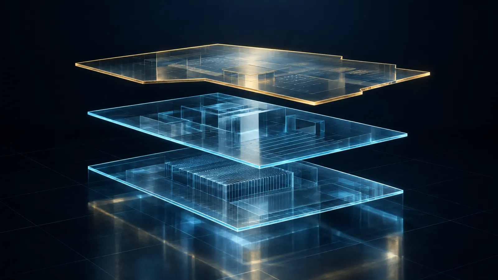 Three separated translucent planes, two cyan and one gold, illustrate distinct layers of verification.
